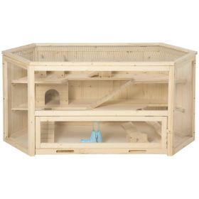 Wooden Large Hamster Cage Small Animal Exercise Play House 3 Tier with Tray, Seesaws, Water Bottle, Activity Center, Natural (Option: Natural Wood-1255x650x185 mm)