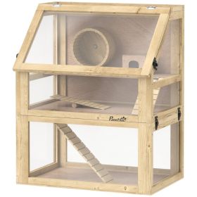 3 Tier Wooden Hamster Cage w/ Detachable Bottom, Hut, Seesaw, Exercise Wheel, Ramps, 24" x 16" x 29.5" (Option: Natural Wood-900x470x220 mm)